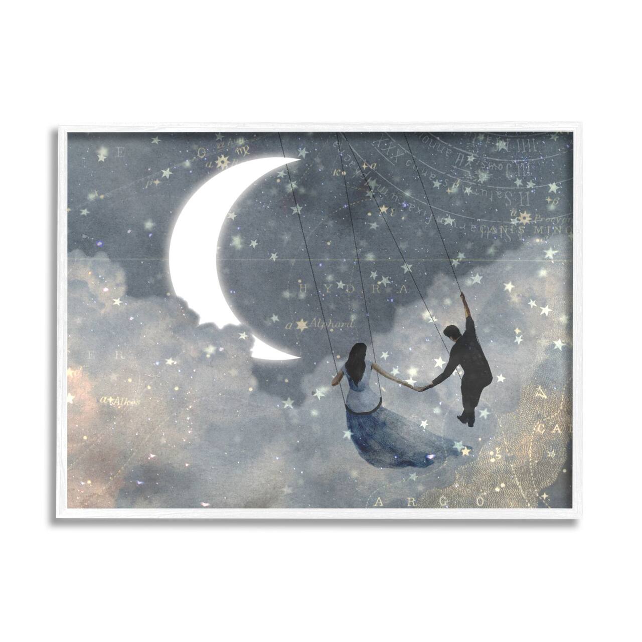 Stupell Industries Grey and Blue Celestial Love Sky Swinging by the Crescent Moon and Stars Framed Wall Art